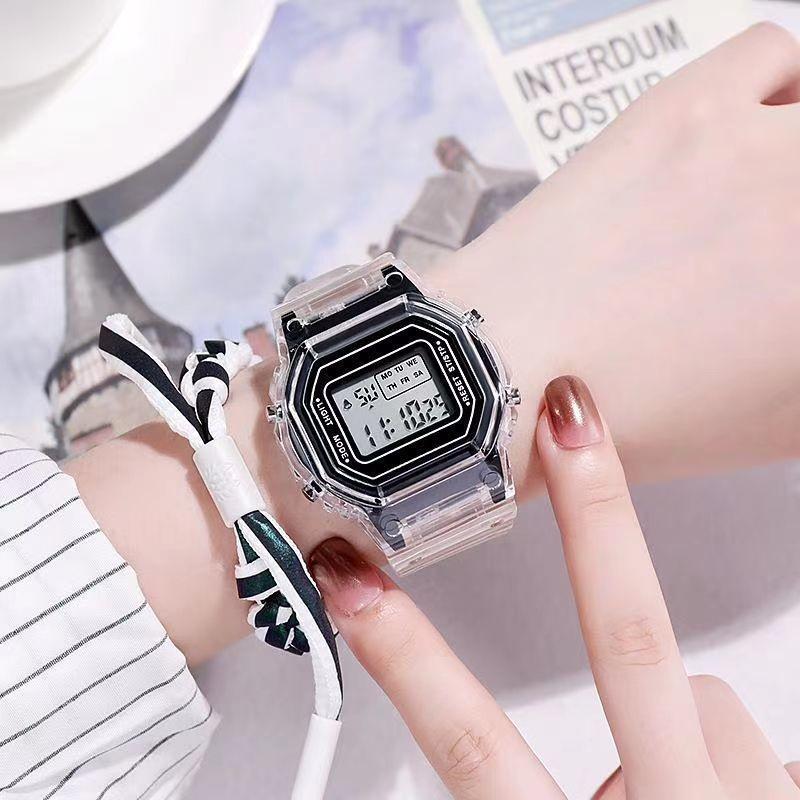 Reloj Deportivo Cuadrado Transparente Estilo Influencer de Moda para Mujer, Diseño LED Resistente al Agua