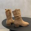 Well worn! Ruth square head ruffled thick heel mid boots western boots