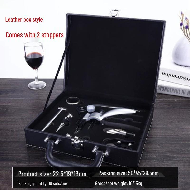 Premium Wine Opener Gift Set: Stainless Steel Pourer, Leather & Wooden Box, Waiter's Knife Corkscrew Barware