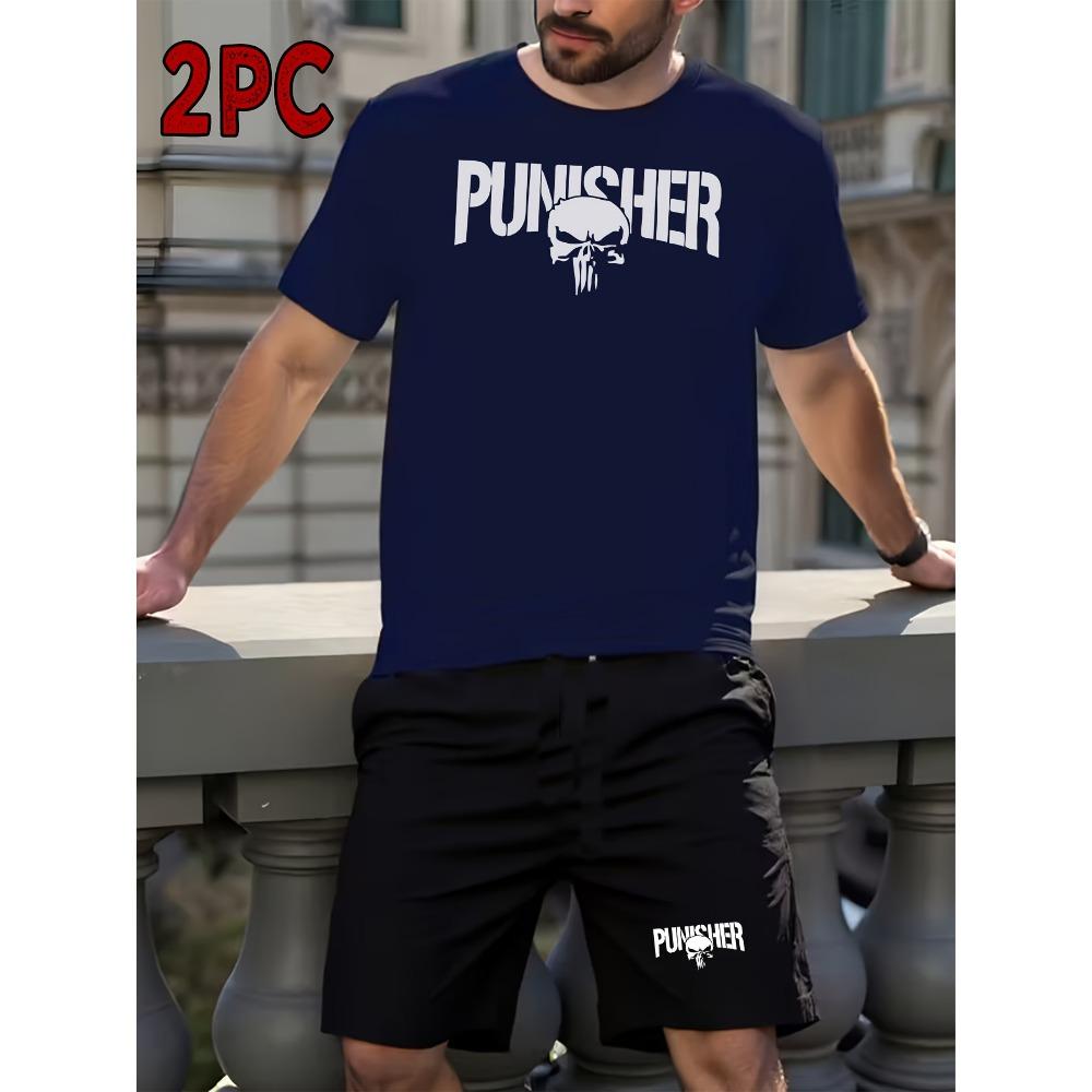 Printed Men s Spring and Summer Two-piece Casual Round Neck Short Sleeved T-shirt Shorts Sports Suit Printed Clothing S