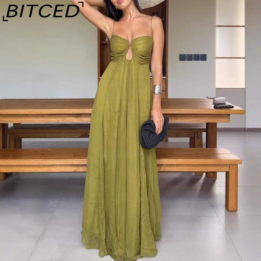 BITCED Summer Sexy Spaghetti Strap U-Neckline Resort Maxi Dress with Full Skirt