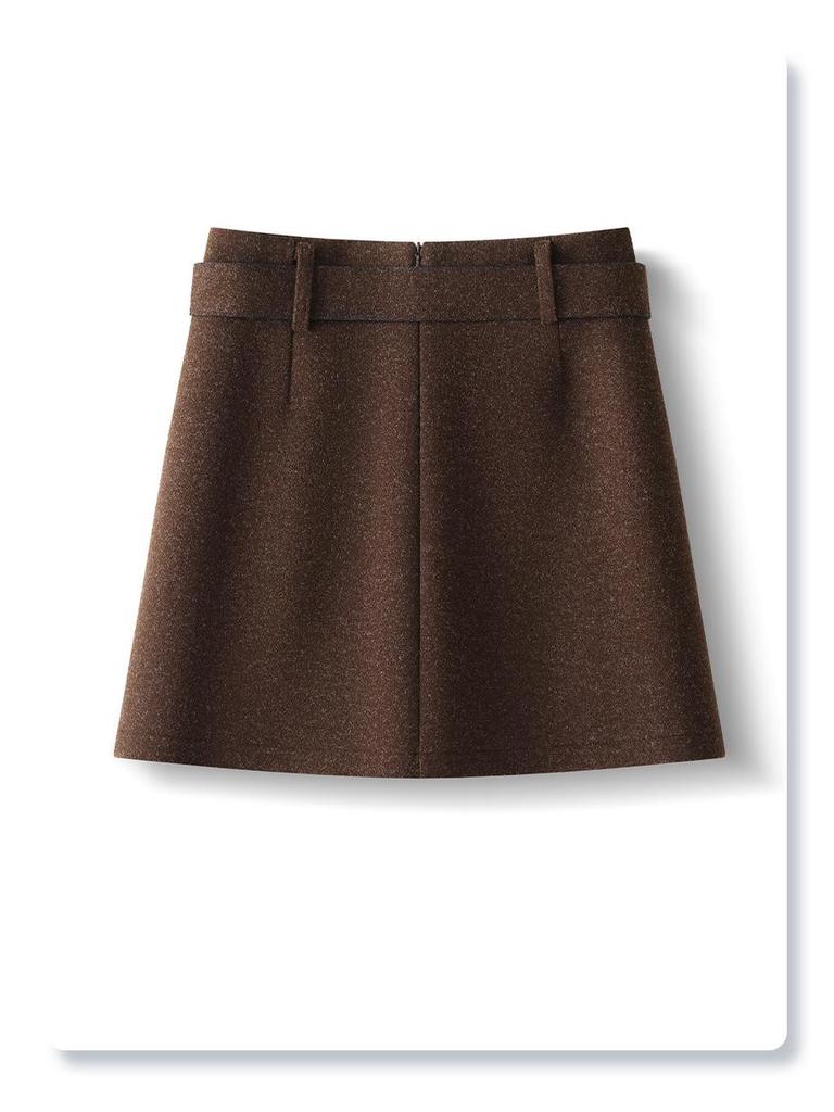 2025 Coffee Wool A-line High-waisted Slim-fitting Skirt for Petite Women’s Winter Collection
