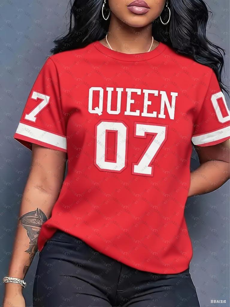 Printed Crew Neck Short Sleeve T-Shirt, Summer Pattern T-Shirt, Plus Size Sports T-Shirt Top
