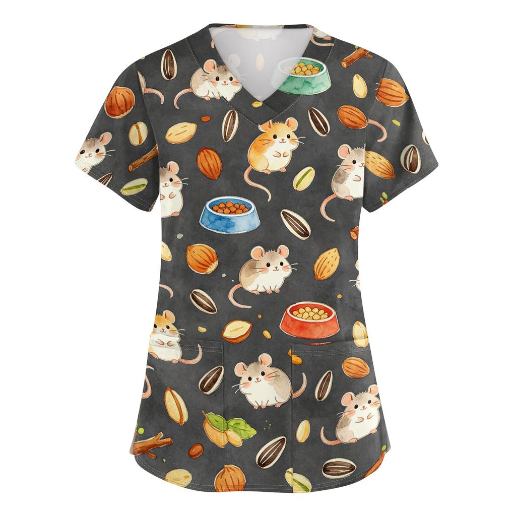 Women V Neck Short Sleeve Work Top with Pockets Animal Print Medical Scrub Shirt Comfortable Fit Durable Fabric Suitable for Healthcare Professionals