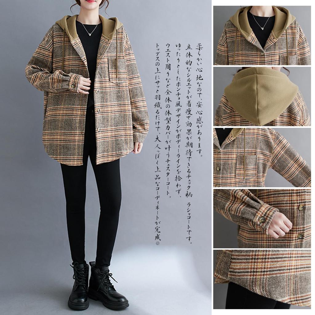 Chesterfield Long Sleeve Hooded Check Pattern Trench Lapel Loose Cold Weather Perfect for and Winter [CCGGOWMM] Women's Coat, Coat, Outerwear, Coat,