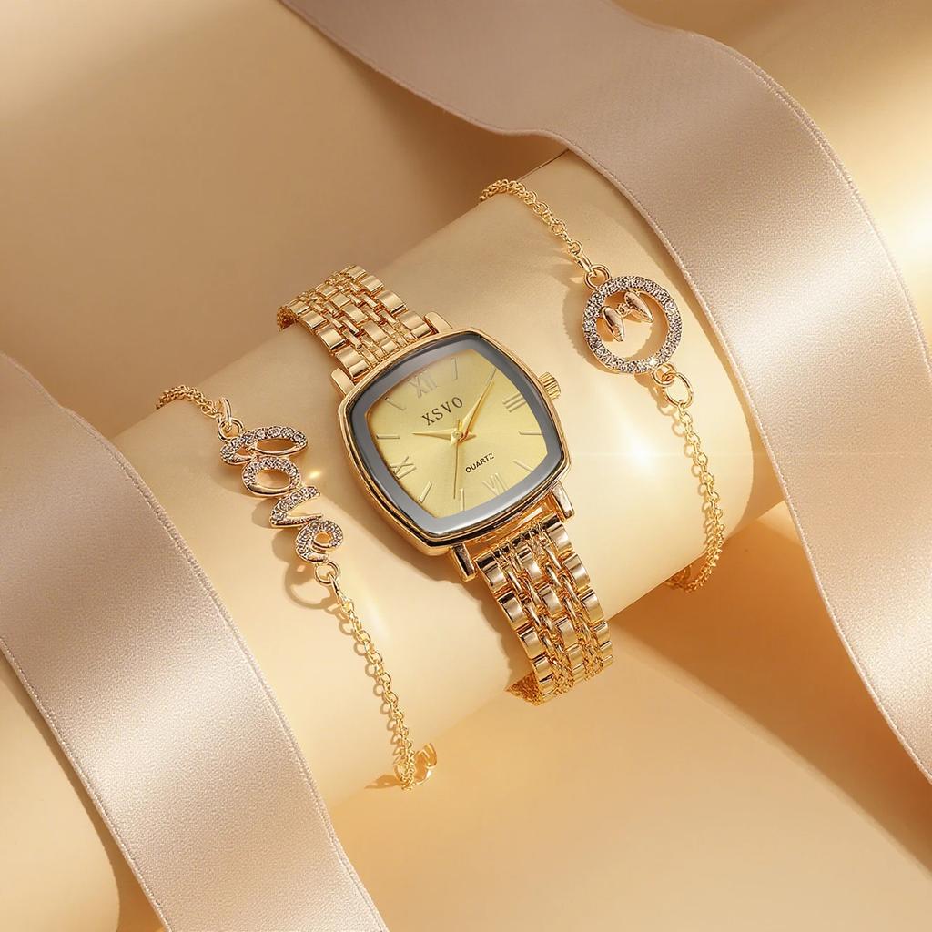 Light Luxury Fashion Square Dial Alloy Strap Roman Numerals Women's Quartz Watch Bracelet Set 5 Piece Set for Holiday Gifts