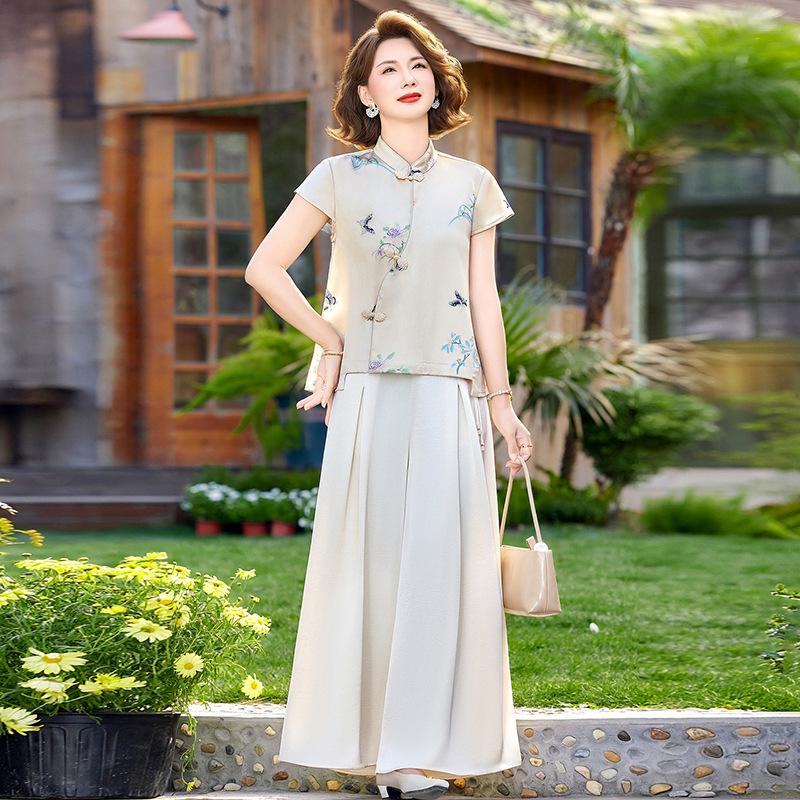 

2026 Summer Chinese Style Short Sleeve Suit for Middle-Aged & Elderly: Printed Top & Two-Piece Set 5XL абрикосовий