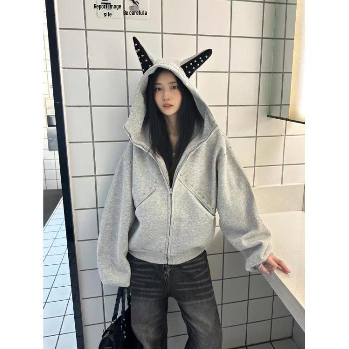 Retro American Patchwork Hooded Sweatshirt with Rivet Doberman Ears - Casual Cool Cardigan Jacket L серый