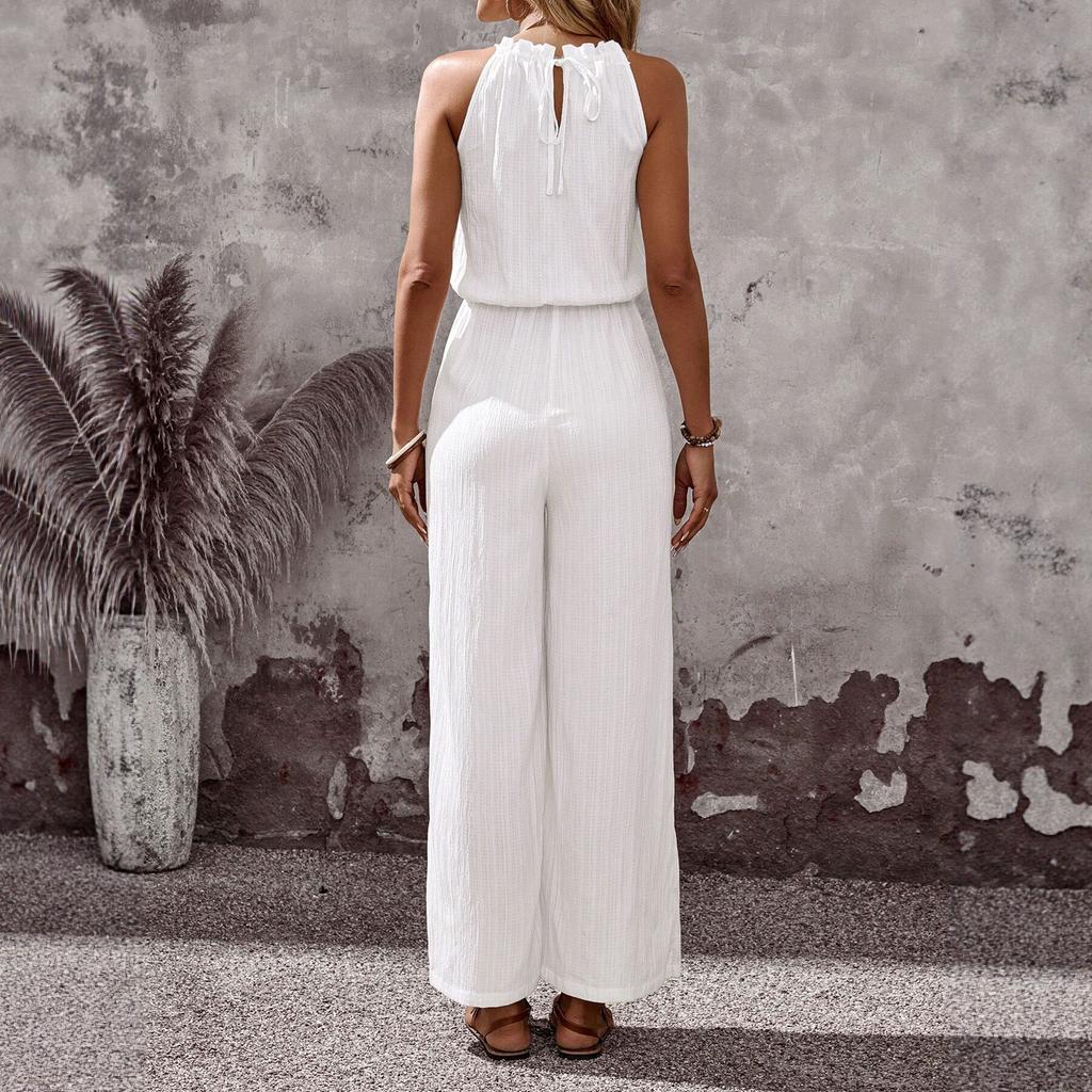 Women's Halter Neck Sleeveless Jumpsuit Loose Fit Elastic Waist Solid Color Wide Leg Vacation Romper