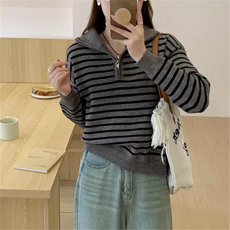 Flip Collar Half Zipper Striped Pullover Sweater for Women Autumn and Winter New Loose Knit Sweater