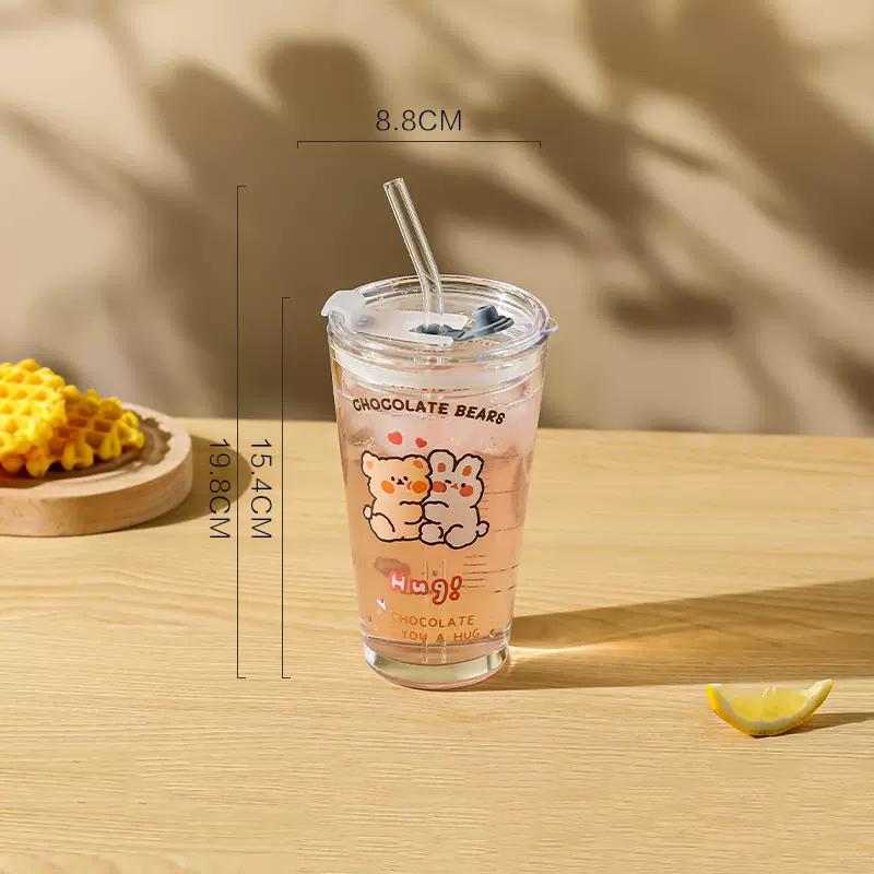 Roztomilá skleněná láhev na vodu s písmenem Korejská se slámkou a víčkem 480ml Jednoduché skleněné hrnky na kávu, mléko, džus, snídani na nápoje Dárek