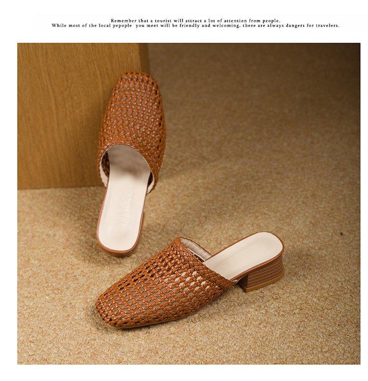 Woven hollow bag head half slippers women's new summer flat bottom square head fashion lazy cool slippers women's outer wear