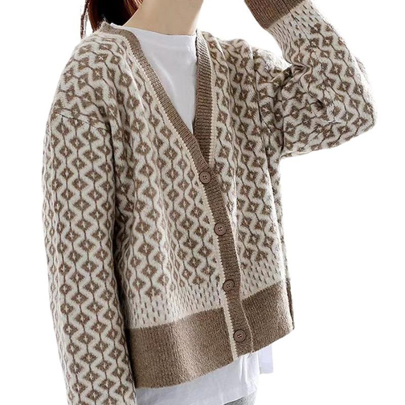 Autumn Winter Korean Retro Sweater Cardigan Jacket Women's Ins Temperament Contrasting Color V-neck Diamond Grid Thick Loose Outer Outfit