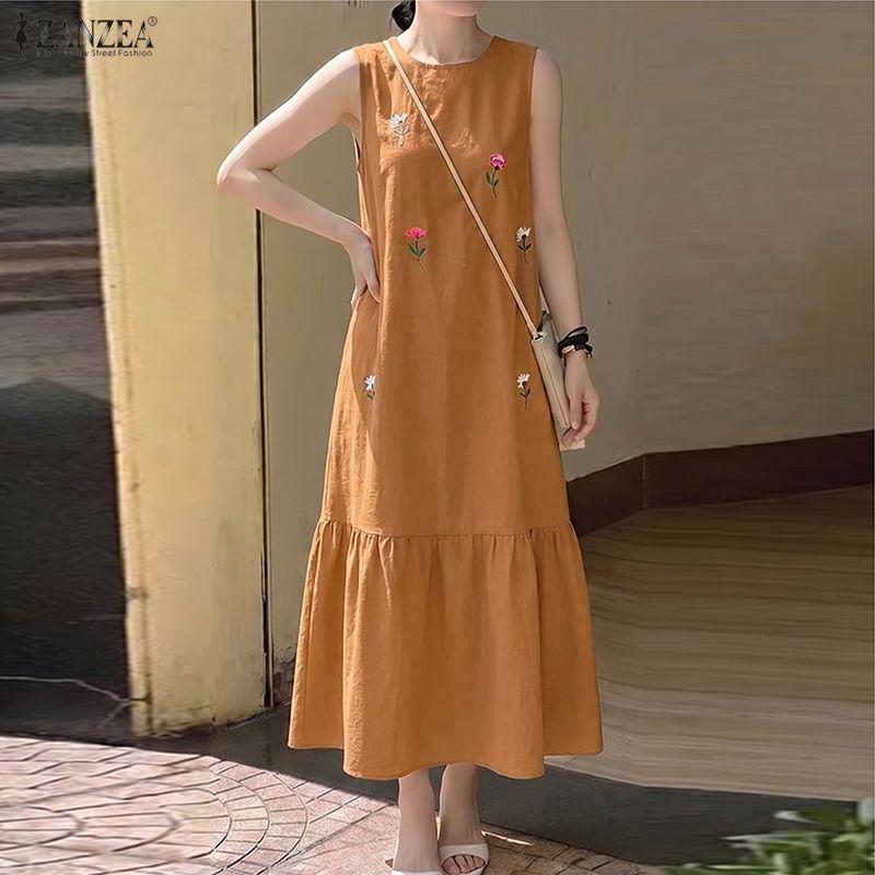 ZANZEA Women Casual Round Neck Loose Floral Embroidery Sleeveless Dress