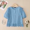 ZANZEA Women Casual Round Neck Patchwork Crochet Loose Short Sleeve Blouse