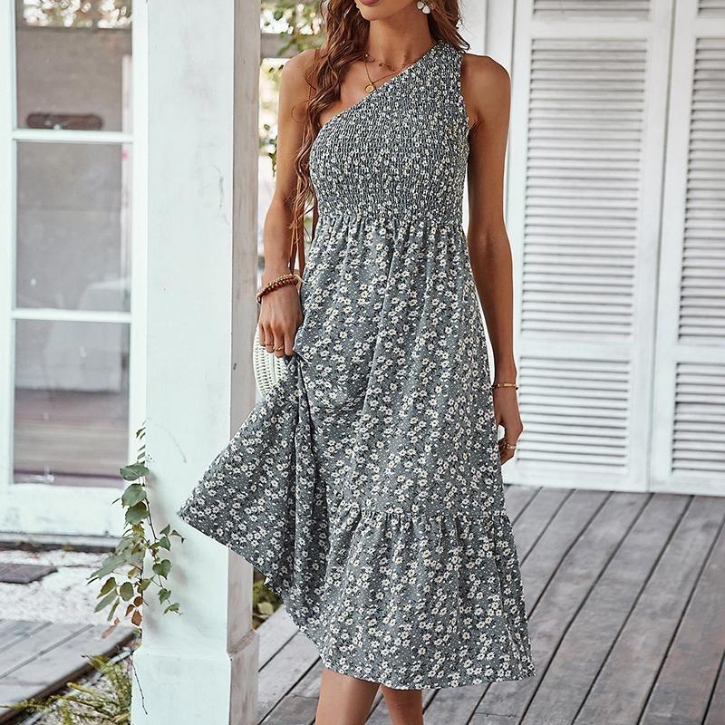 Jaro Léto Květinový potisk Šikmá ohlávka přes ramena Dlouhé šaty Dámské Běžné A-Line Asymetrické Bez rukávů Šikmá ramena Vysoký Pas S-XL