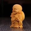 Miniature Wooden Buddha Statue, Hotei, Crafted from Premium Boxwood, Charm for Wealth and Good Fortune (6cm H X 4cm W X 3cm D)