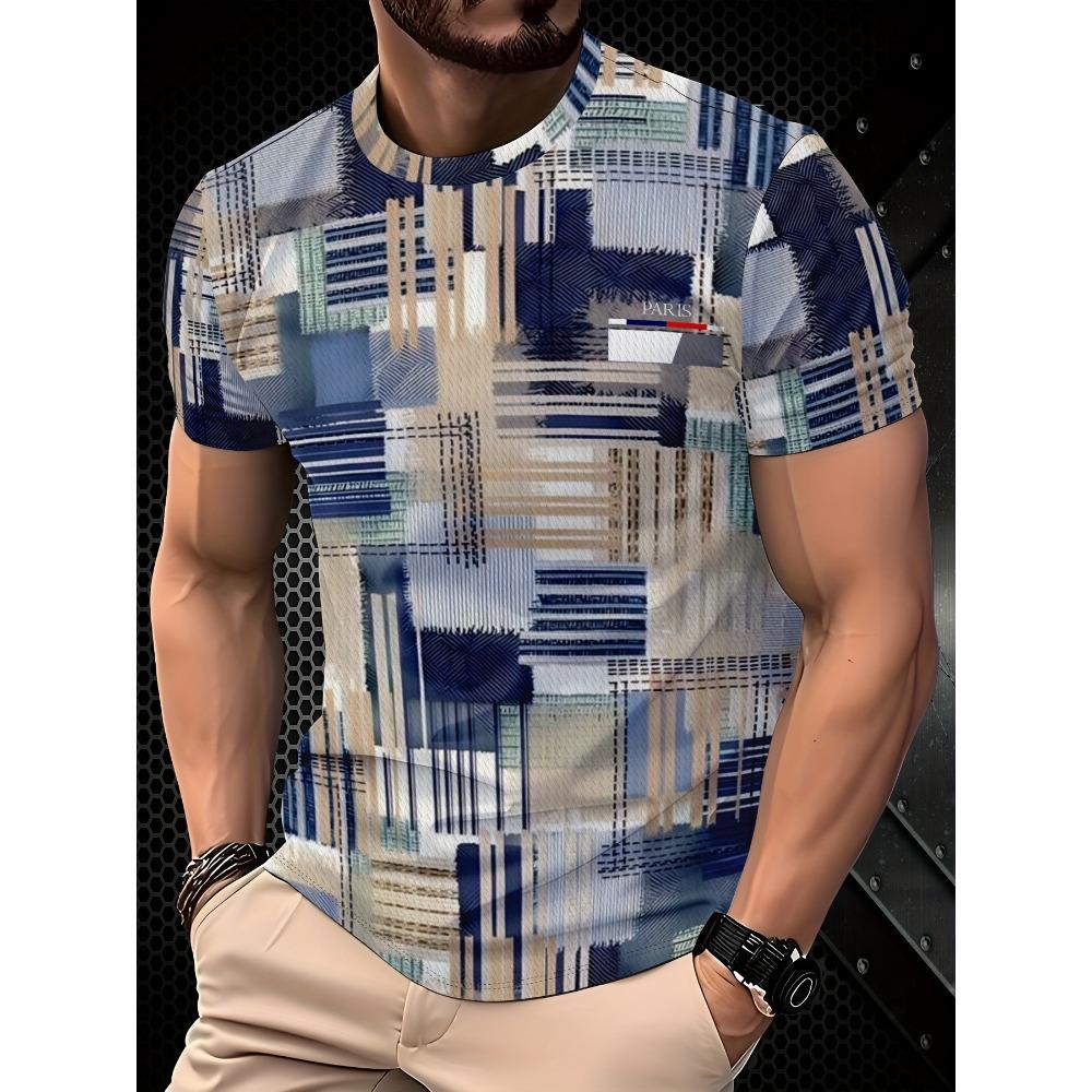Men's casual checkered T-shirt short sleeved round neck, comfortable all season fit, geometric pattern, lightweight fabric, casual