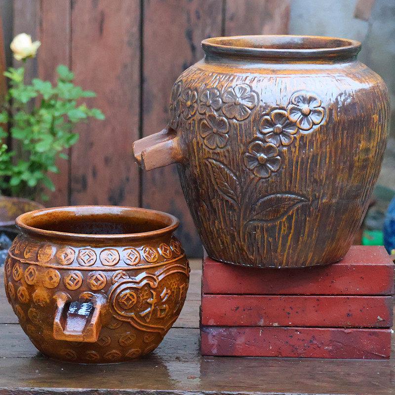 Retro Hydroponic Ceramic Flower Pot with Water Circulation, Courtyard Fish Tank, and Decorative Flowing Water Ornaments.