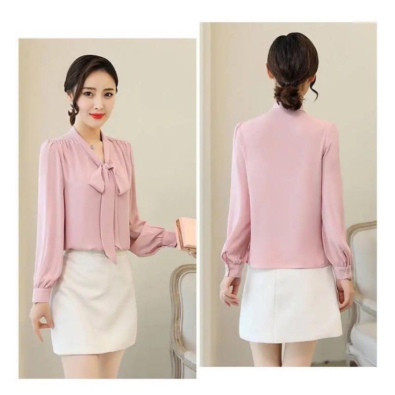 Spring Autumn Elegant Fashion Scarf Collar Lace Up Shirt Women Long Sleeve Solid Collar Pullover Blouse Top