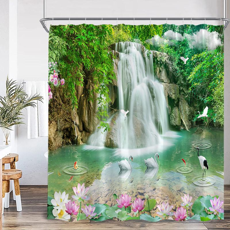 Nature Waterfall Landscape Shower Curtains Forest Lake Crane Lotus Flowers Chinese Style Scenery Home Bathroom Curtain Decor Set