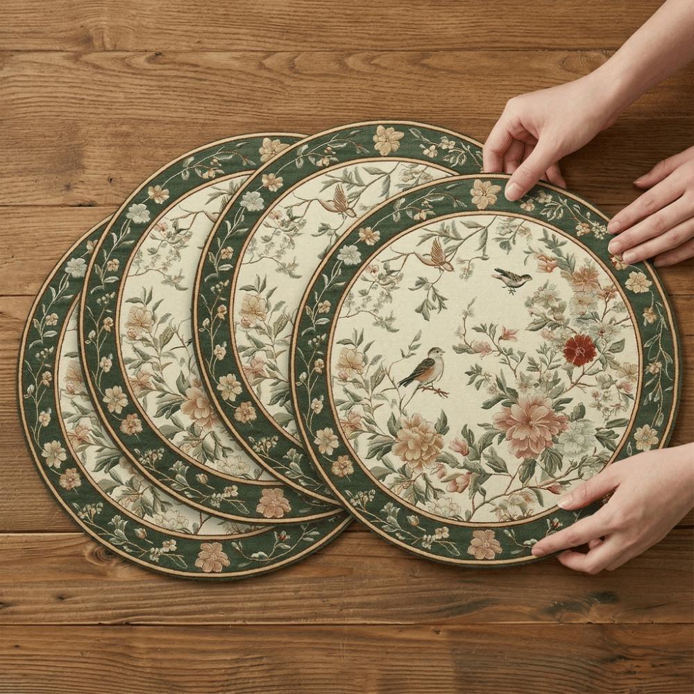 Heat Insulation Flower Linen Table Mat Anti-scald Round Dining Mat  Kitchen Supplies