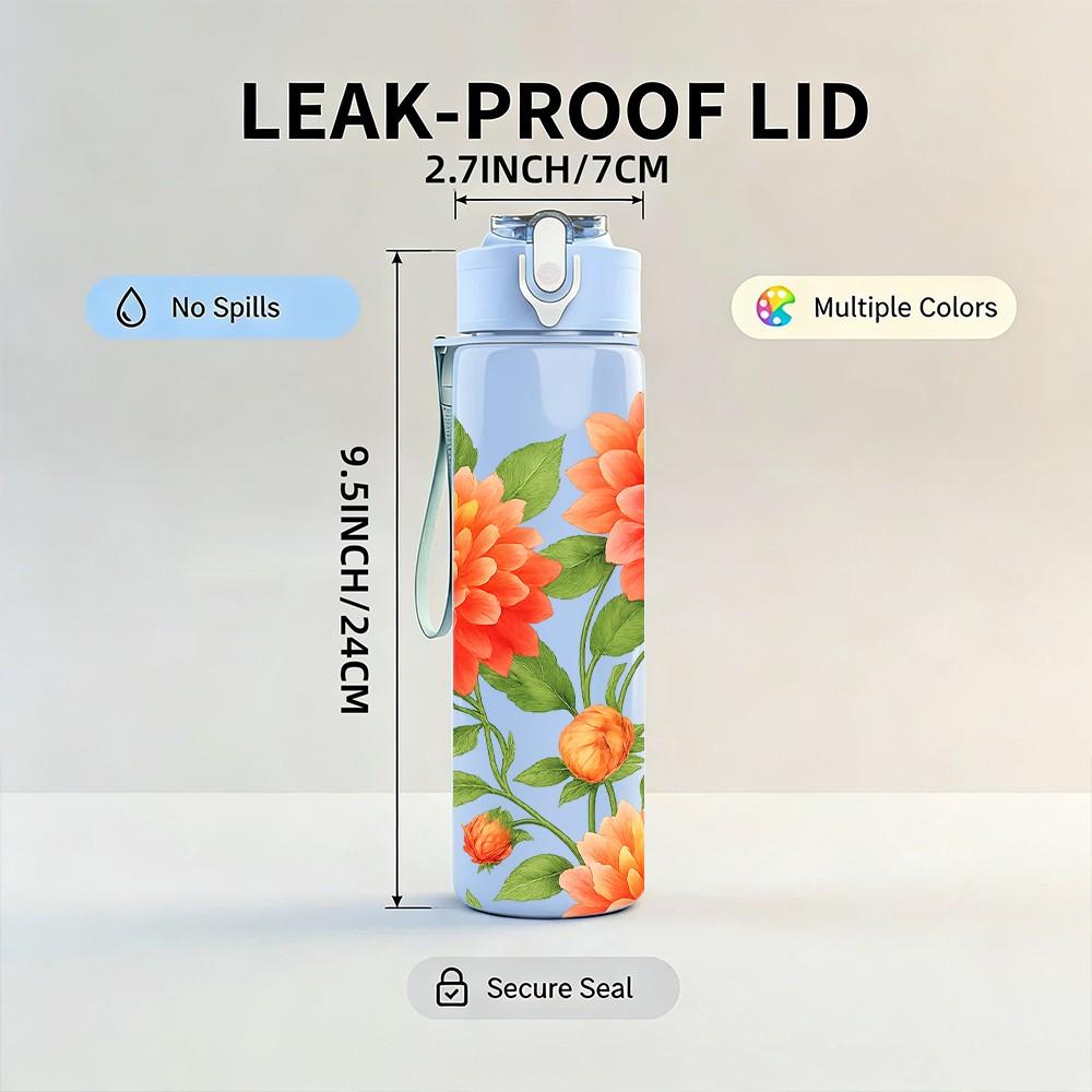 1PC Bright Orange Red Peony Flower Print 750ml Color Plastic Sports Water Bottle Leakproof Flip Straw Lid Suitable for Sports Office Home Use