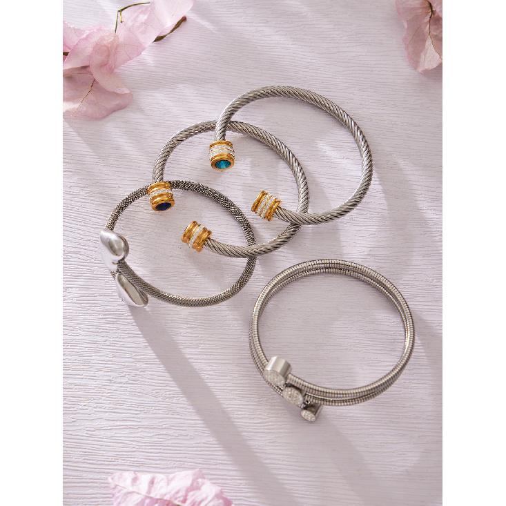 European and American fashion light luxury jewelry bracelet set with zirconia, stainless steel elastic open bangle
