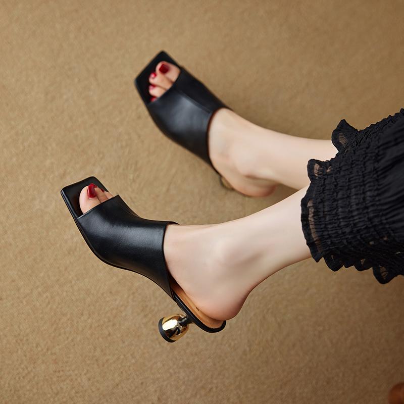 Fashion Women's Strange Heel Open Toe Slippers Genuine Leather Casual Fish Mouth Shoes Luxury Brand Open Toe Summer Solid Color Sandals