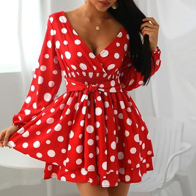 Summer Women's Clothing V-neck Long-sleeved Polka Dot Temperament Fashion Dress Temperament Elegant