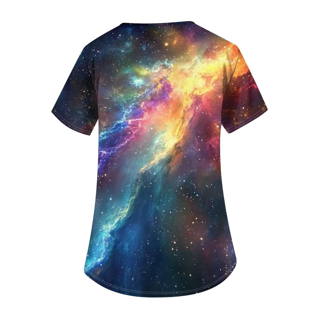 Modische Arbeitskleidung für Damen mit V-Ausschnitt, kurzen Ärmeln und bedruckten Taschen