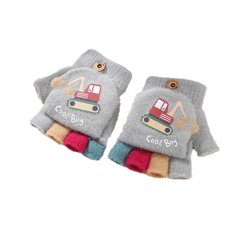 Kids' Cartoon Knitted Flip-Top Fingerless Winter Gloves - Unisex, Warm, Velvet-Lined, Thickened