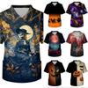 Men's Short Sleeve V-Neck Halloween Print Scrub Top with Chest Pocket