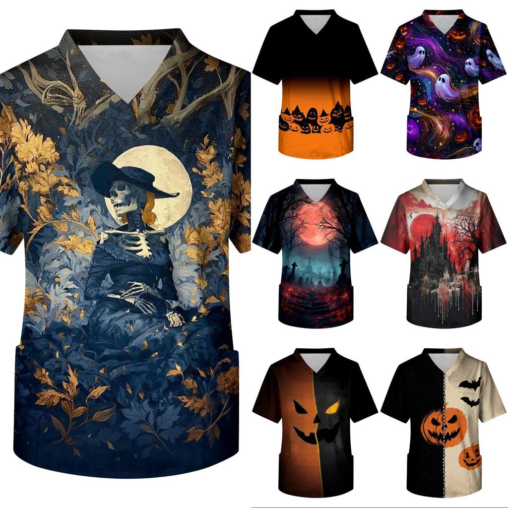 Men's Short Sleeve V-Neck Halloween Print Scrub Top with Chest Pocket