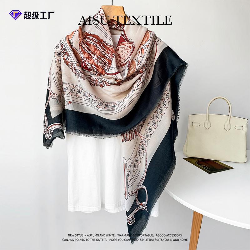 Black retro 135 square scarf autumn and winter new shawl silk scarf literary imitation cotton and linen scarf rough edge hollow out