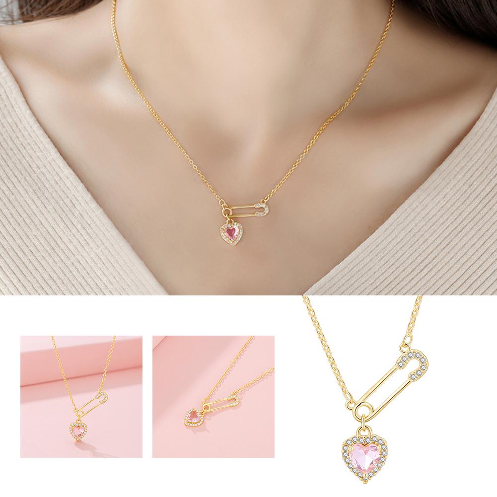 1PCS Niche Safety Pin Necklace With Pink Heart Charming Crystal Love Pendant Luxury Stainless Steel Chain Combination Jewelry