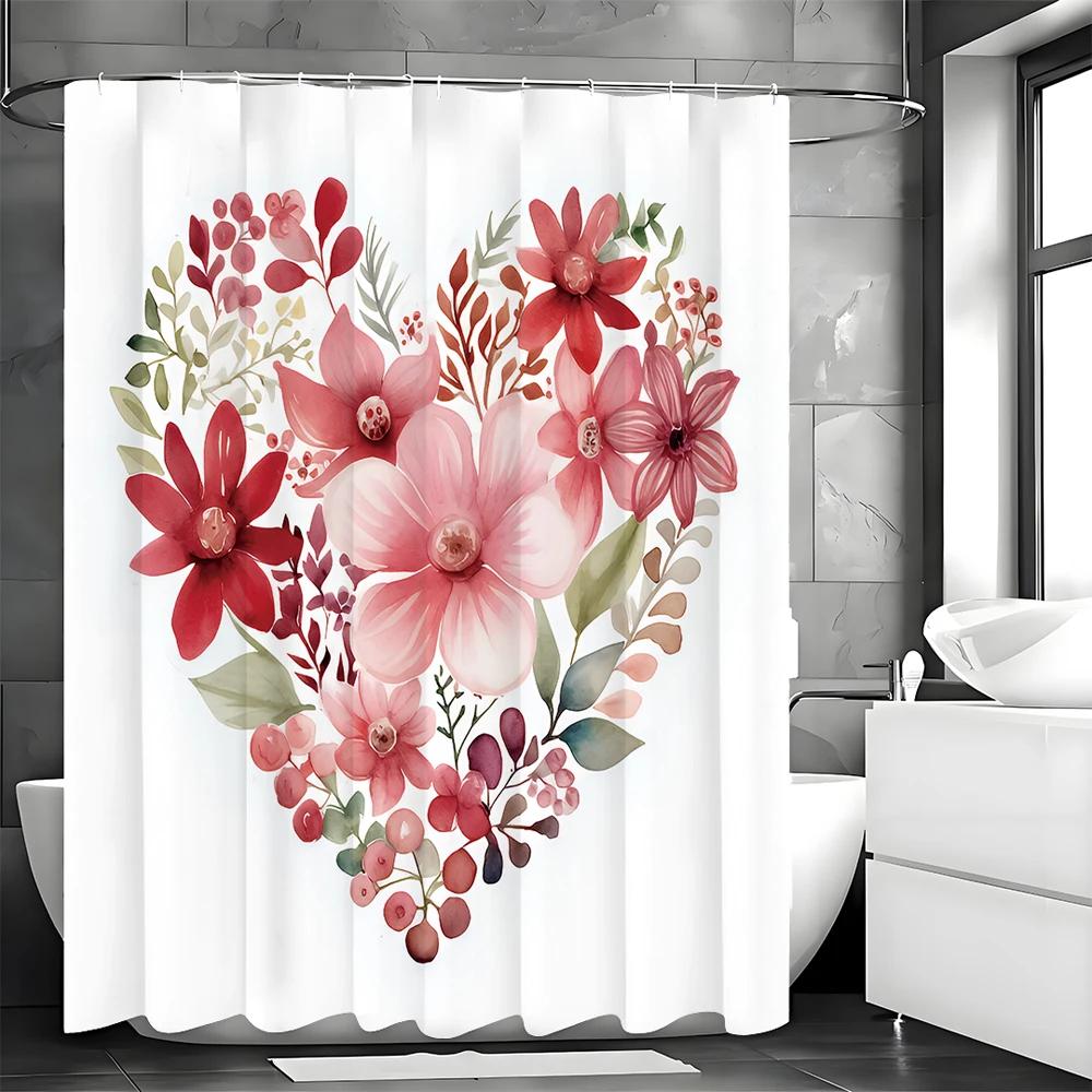 Love Flower Leaf Shower Curtain, Bathroom Decorative Shower Curtain, Waterproof Shower Curtain with Hooks