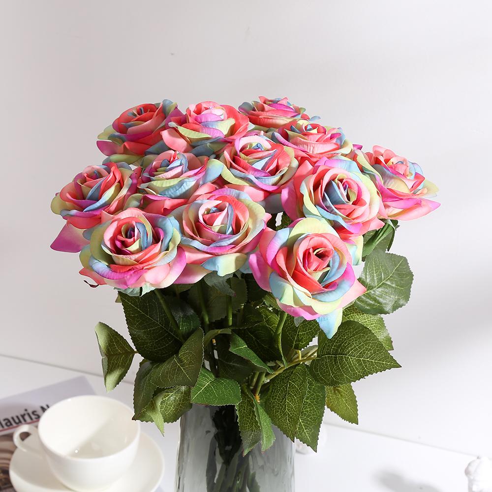 12 Stück Valentinstag Regenbogen Künstliche Rose Blume Echte Haptik Regenbogen Seidenrose Blume Künstliche Rosen für Sträuße Hochzeitsparty Babyparty Heimdeko