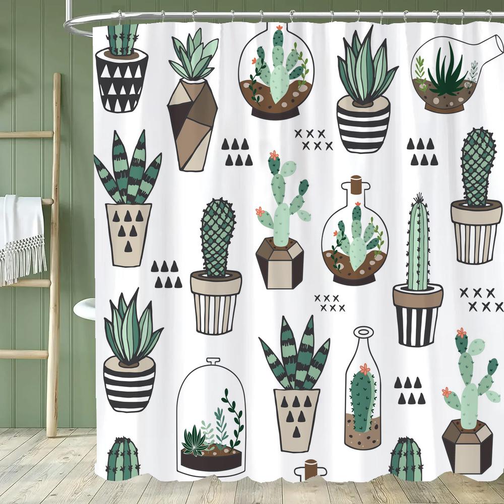 Simple Leaf Pattern Shower Curtain, Bathroom Decorative Leaves Shower Curtains, Home Printed Polyester Fabric Curtain with Hooks