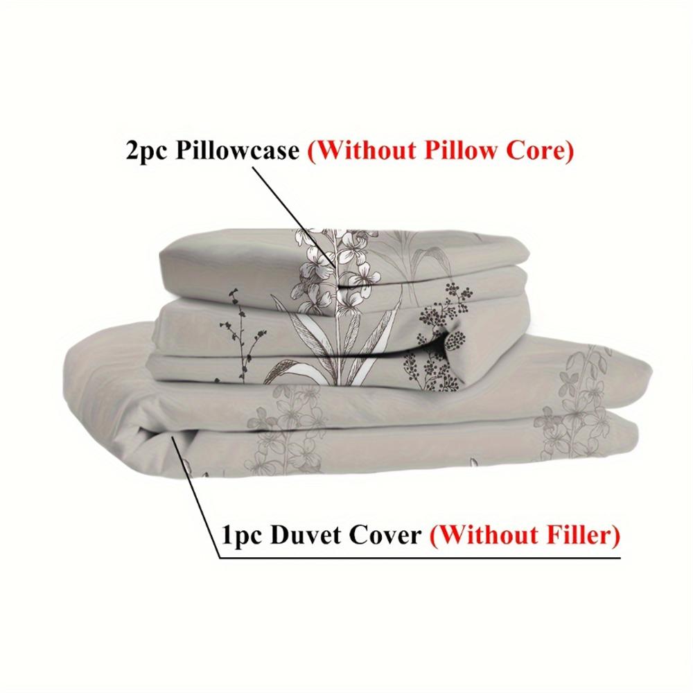 3-Piece Soft Grey Plant Printed Duvet Cover Set - Comfortable, Breathable, and Hypoallergenic Bedding for Bedroom and Guest Room