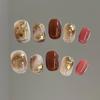 10Pcs Handmade Press On Nails Full Cover Flower Design Short Round Head Gold False Nails Artificial Manicure Wearable Nail Tips