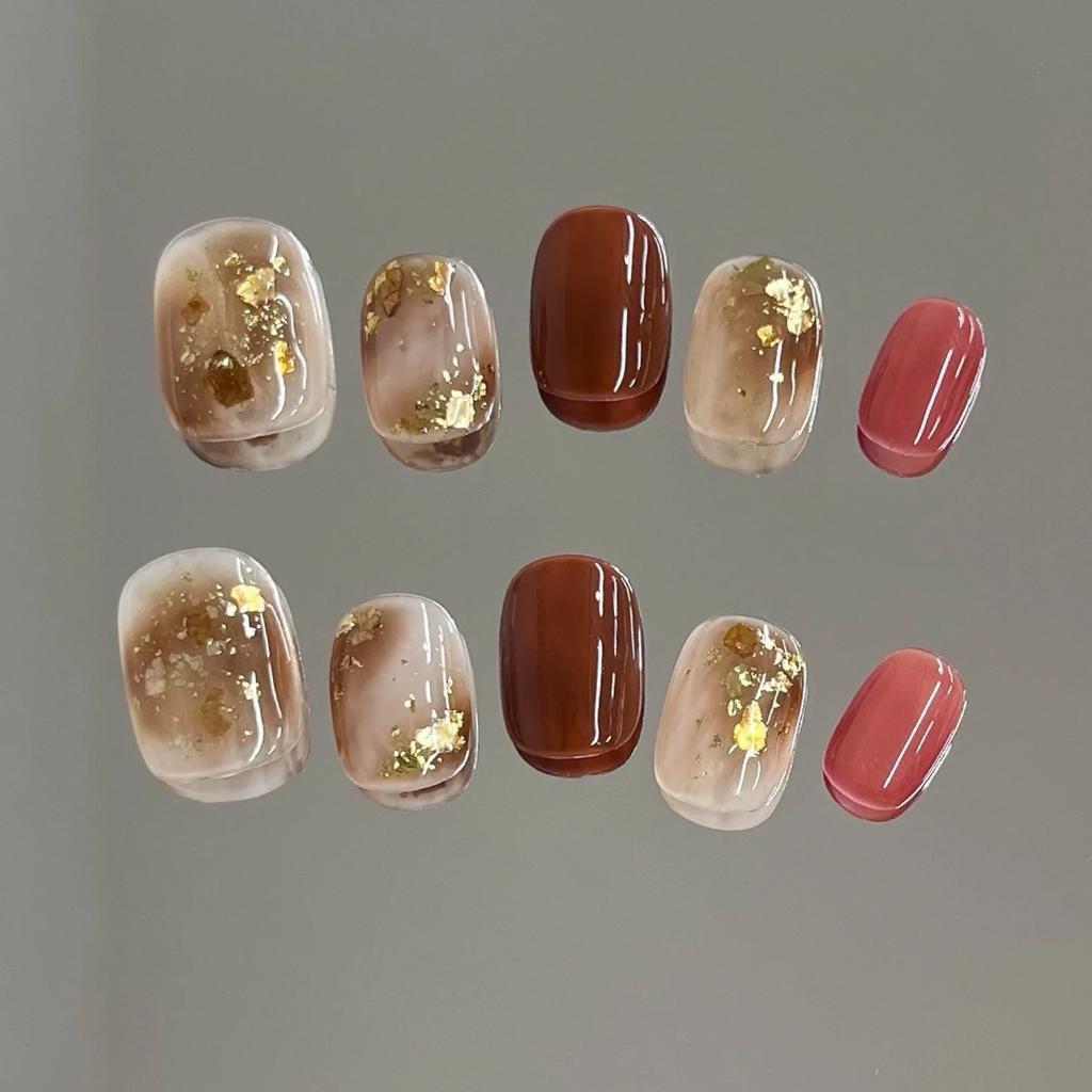 10Pcs Handmade Press On Nails Full Cover Flower Design Short Round Head Gold False Nails Artificial Manicure Wearable Nail Tips
