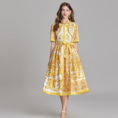 Sommer Frauen Elegante Drehen-unten Kragen Designer Druck Lange Midi Urlaub Party Shirt Kleider