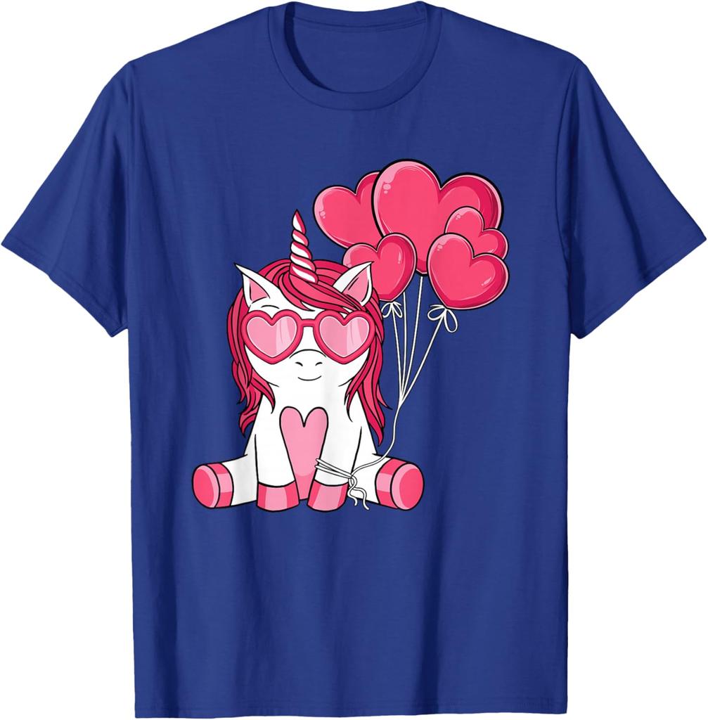T-shirt Graphique Licorne Mignonne Avec des Ballons en Forme de Cœur Saint-Valentin Respirant Décontracté Manches Courtes pour Filles Enfants