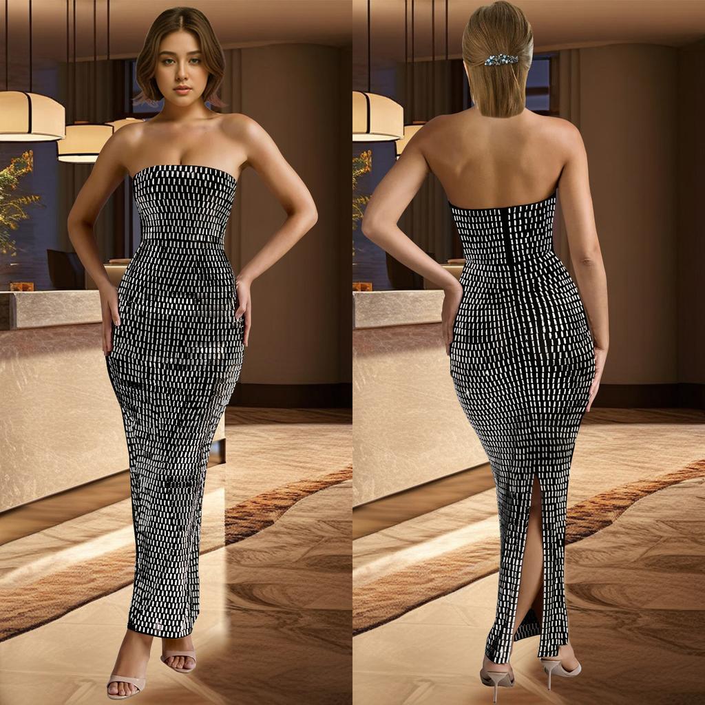 European and American fashion women's clothing solid color hot diamond sleeveless dress length