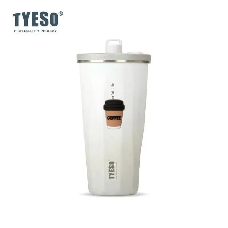 Tyeso 600ML Stainless Steel Coffee Cup With Straw Gradient Color Insulated Water Bottle Car Thermos Mug Cold Drink Vacuum Cup with Coffee Sticker