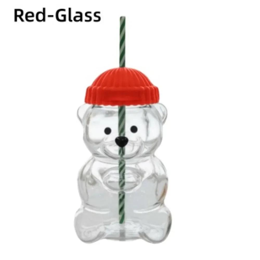 Cute 2025 Bear Glass Cup Transparent with Lid Teddy Bear Glass Cup Large Capacity Bear Straw Cup Home Bar