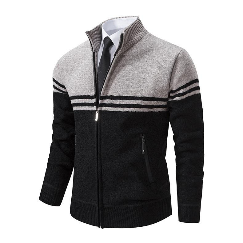 Men's Autumn and Winter Sweater Thick Fleece Warm Sweater Casual Stand Collar Zipper Cardigan Fashion Striped Coat