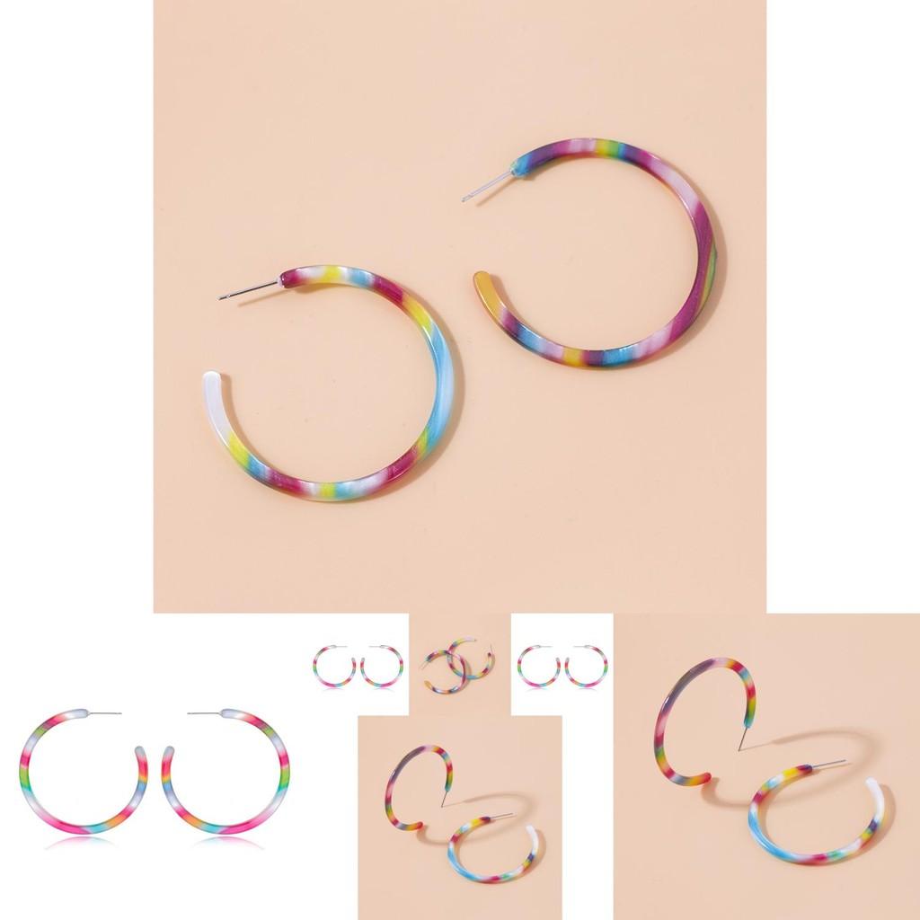 Fashionable C-shaped Rainbow Acetate Earrings Colorful Alloy Hoop Jewelry