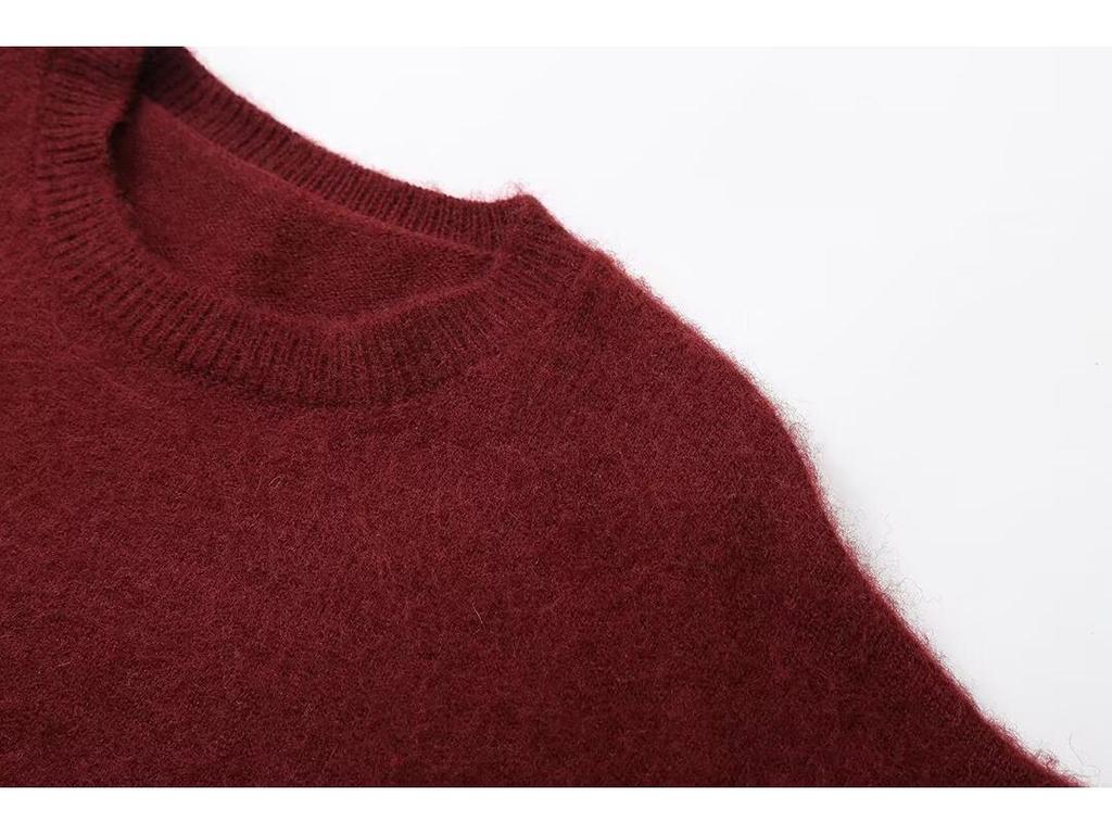 2024 Autumn Women's Wine Red Round Neck Brushed Long Sleeve Top - European & American Fashion Style